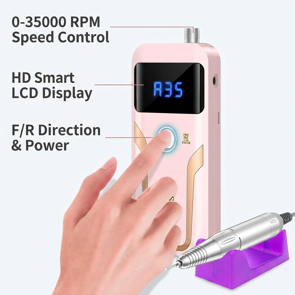 DELIFO Electric Nail Drill: 35,000 RPM Portable Nail File Machine with LED Display, Rechargeable Acrylic Nail Tool for Home Salon Manicure & Pedicure Avelisse