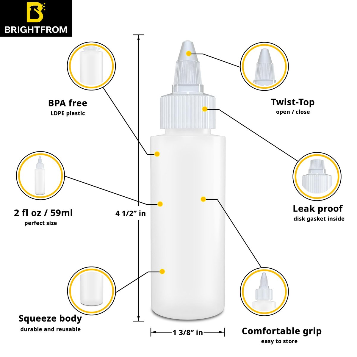 BRIGHTFROM 2 oz Twist Top Applicator Bottles – Pack of 3 Squeeze Bottles with Open/Close Nozzle, Refillable Empty Plastic Bottles for Multi Purpose Use - görsel 3