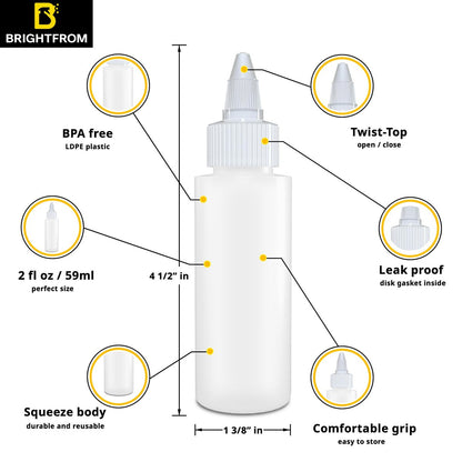 BRIGHTFROM 2 oz Twist Top Applicator Bottles – Pack of 3 Squeeze Bottles with Open/Close Nozzle, Refillable Empty Plastic Bottles for Multi Purpose Use
