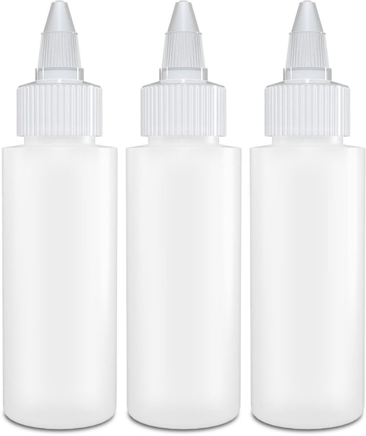 BRIGHTFROM 2 oz Twist Top Applicator Bottles – Pack of 3 Squeeze Bottles with Open/Close Nozzle, Refillable Empty Plastic Bottles for Multi Purpose Use