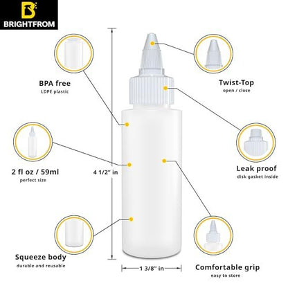BRIGHTFROM 2 oz Twist Top Applicator Bottles – Pack of 3 Squeeze Bottles with Open/Close Nozzle, Refillable Empty Plastic Bottles for Multi Purpose Use