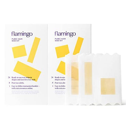 Flamingo Women's Pubic Waxing Kit - 24 Wax Strips & 8 Post-Wax Cloths (Pack of 2) - Gentle Hair Removal for Sensitive Areas Avelisse