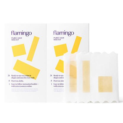 Flamingo Women's Pubic Waxing Kit - 24 Wax Strips & 8 Post-Wax Cloths (Pack of 2) - Gentle Hair Removal for Sensitive Areas Avelisse