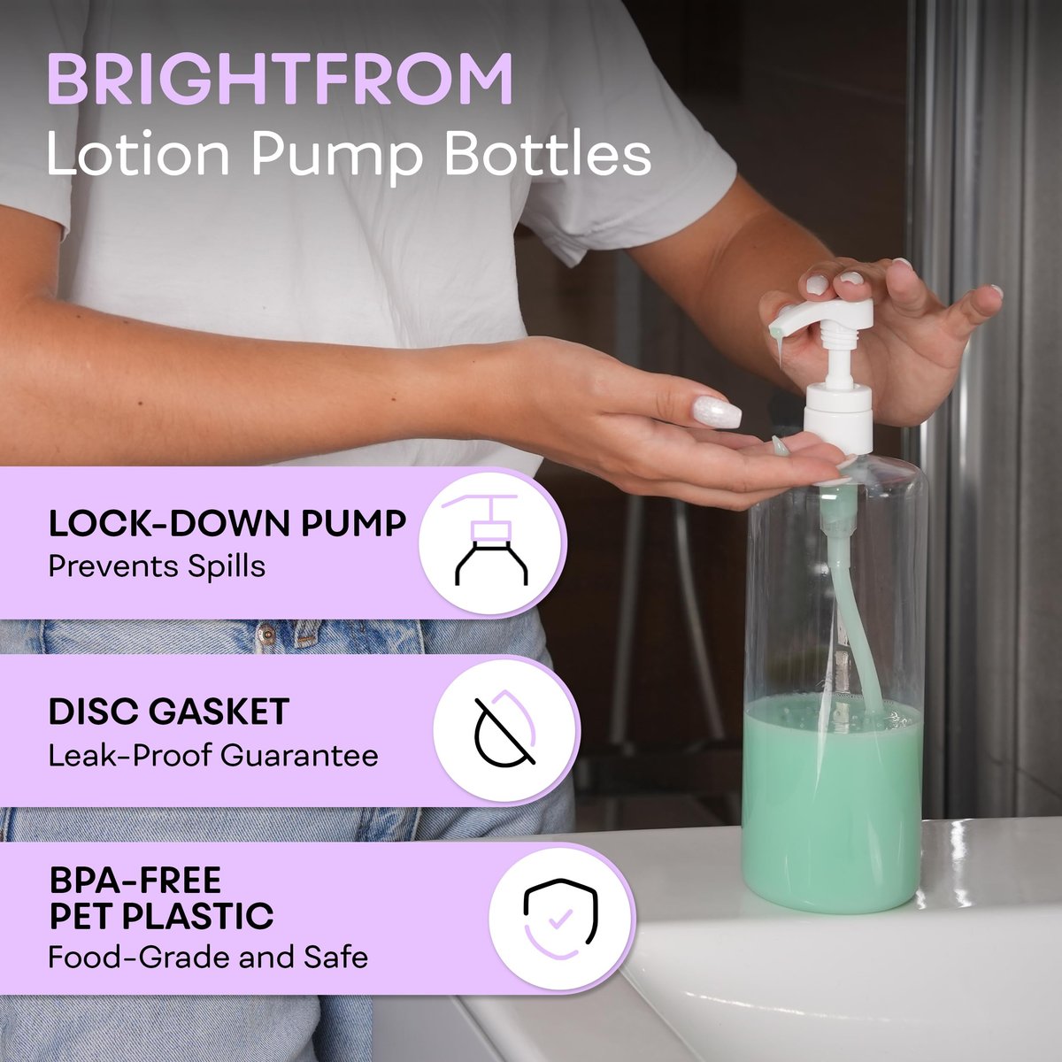 BRIGHTFROM Empty Shampoo Pump Bottles 32 oz (1 Liter) – BPA-Free Clear Plastic Cylinder Containers, Leak-Proof, 2 Pack Avelisse