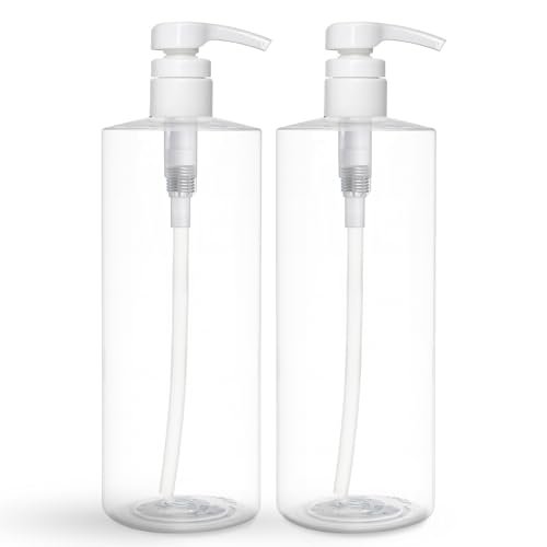BRIGHTFROM Empty Shampoo Pump Bottles 32 oz (1 Liter) – BPA-Free Clear Plastic Cylinder Containers, Leak-Proof, 2 Pack Avelisse