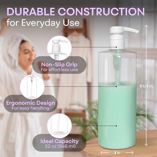 BRIGHTFROM Empty Shampoo Pump Bottles 32 oz (1 Liter) – BPA-Free Clear Plastic Cylinder Containers, Leak-Proof, 2 Pack Avelisse