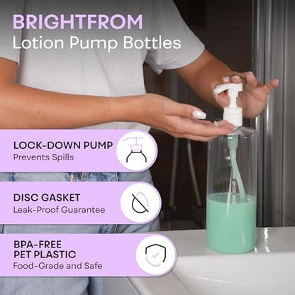 BRIGHTFROM Empty Shampoo Pump Bottles 32 oz (1 Liter) – BPA-Free Clear Plastic Cylinder Containers, Leak-Proof, 2 Pack Avelisse