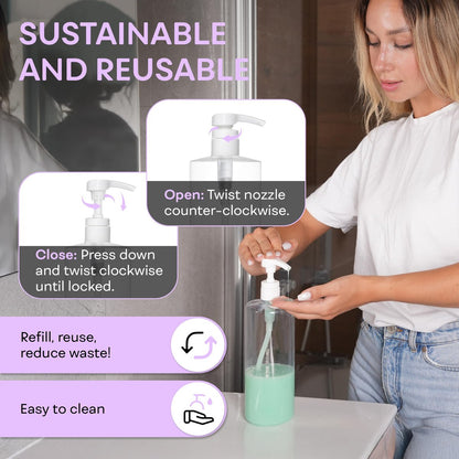 BRIGHTFROM Empty Shampoo Pump Bottles 32 oz (1 Liter) – BPA-Free Clear Plastic Cylinder Containers, Leak-Proof, 2 Pack Avelisse