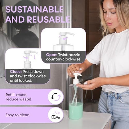 BRIGHTFROM Empty Shampoo Pump Bottles 32 oz (1 Liter) – BPA-Free Clear Plastic Cylinder Containers, Leak-Proof, 2 Pack Avelisse
