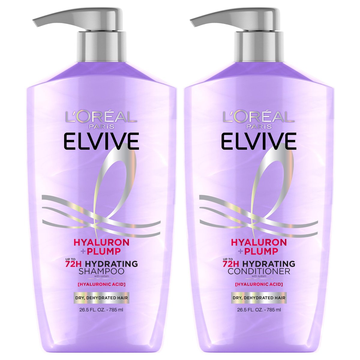 L'Oreal Paris Elvive Hyaluron Plump Shampoo and Conditioner Set for Dehydrated, Dry Hair with Hyaluronic Acid Care Complex, 26.5 Fl Oz (Pack of 2) Avelisse