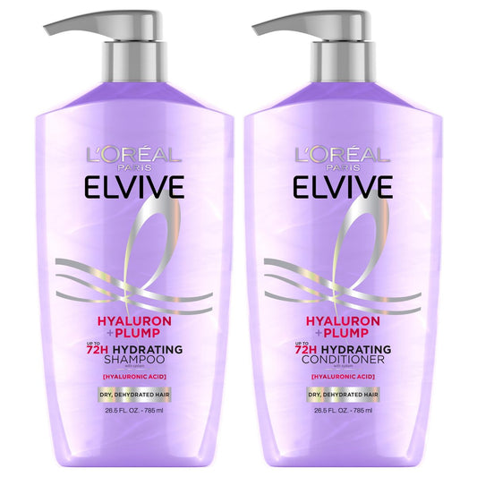 L'Oreal Paris Elvive Hyaluron Plump Shampoo and Conditioner Set for Dehydrated, Dry Hair with Hyaluronic Acid Care Complex, 26.5 Fl Oz (Pack of 2) Avelisse