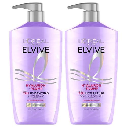 L'Oreal Paris Elvive Hyaluron Plump Shampoo and Conditioner Set for Dehydrated, Dry Hair with Hyaluronic Acid Care Complex, 26.5 Fl Oz (Pack of 2) Avelisse