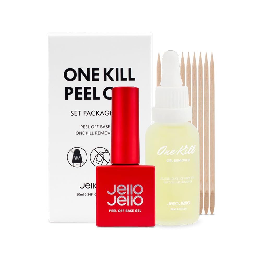 JelloJello Peel-Off Base Gel + One Kill Gel Remover Set – Easy Removal Peelable Nail Base for Self Nails, UV/LED Cure, 10ml + 30ml Avelisse