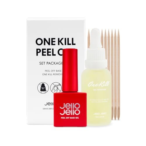 JelloJello Peel-Off Base Gel + One Kill Gel Remover Set – Easy Removal Peelable Nail Base for Self Nails, UV/LED Cure, 10ml + 30ml Avelisse