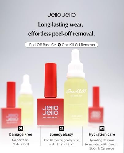 JelloJello Peel-Off Base Gel + One Kill Gel Remover Set – Easy Removal Peelable Nail Base for Self Nails, UV/LED Cure, 10ml + 30ml Avelisse