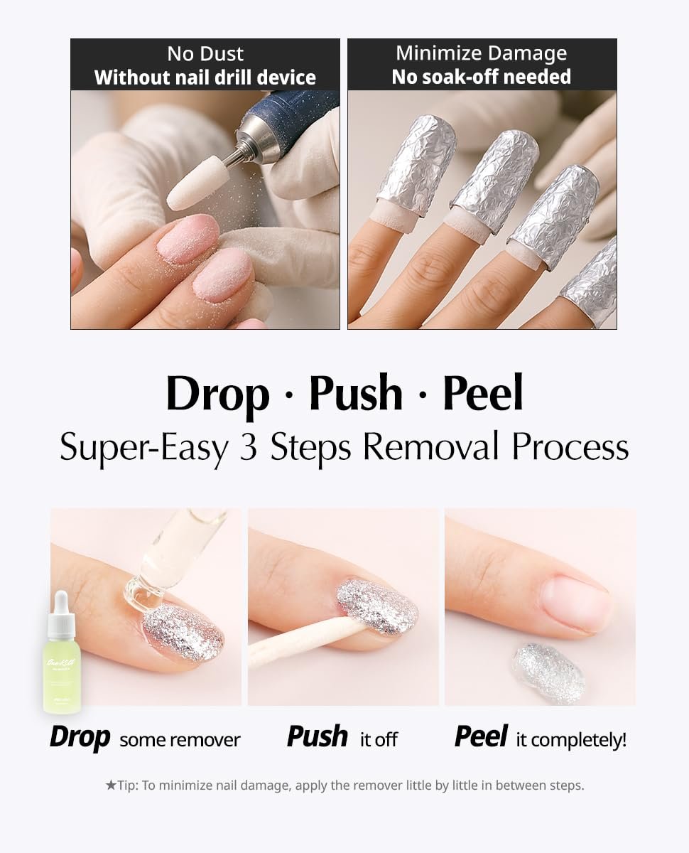 JelloJello Peel-Off Base Gel + One Kill Gel Remover Set – Easy Removal Peelable Nail Base for Self Nails, UV/LED Cure, 10ml + 30ml Avelisse