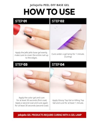 JelloJello Peel-Off Base Gel + One Kill Gel Remover Set – Easy Removal Peelable Nail Base for Self Nails, UV/LED Cure, 10ml + 30ml Avelisse