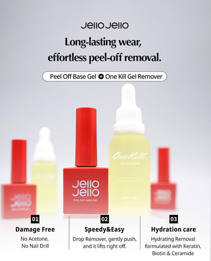 JelloJello Peel-Off Base Gel + One Kill Gel Remover Set – Easy Removal Peelable Nail Base for Self Nails, UV/LED Cure, 10ml + 30ml Avelisse