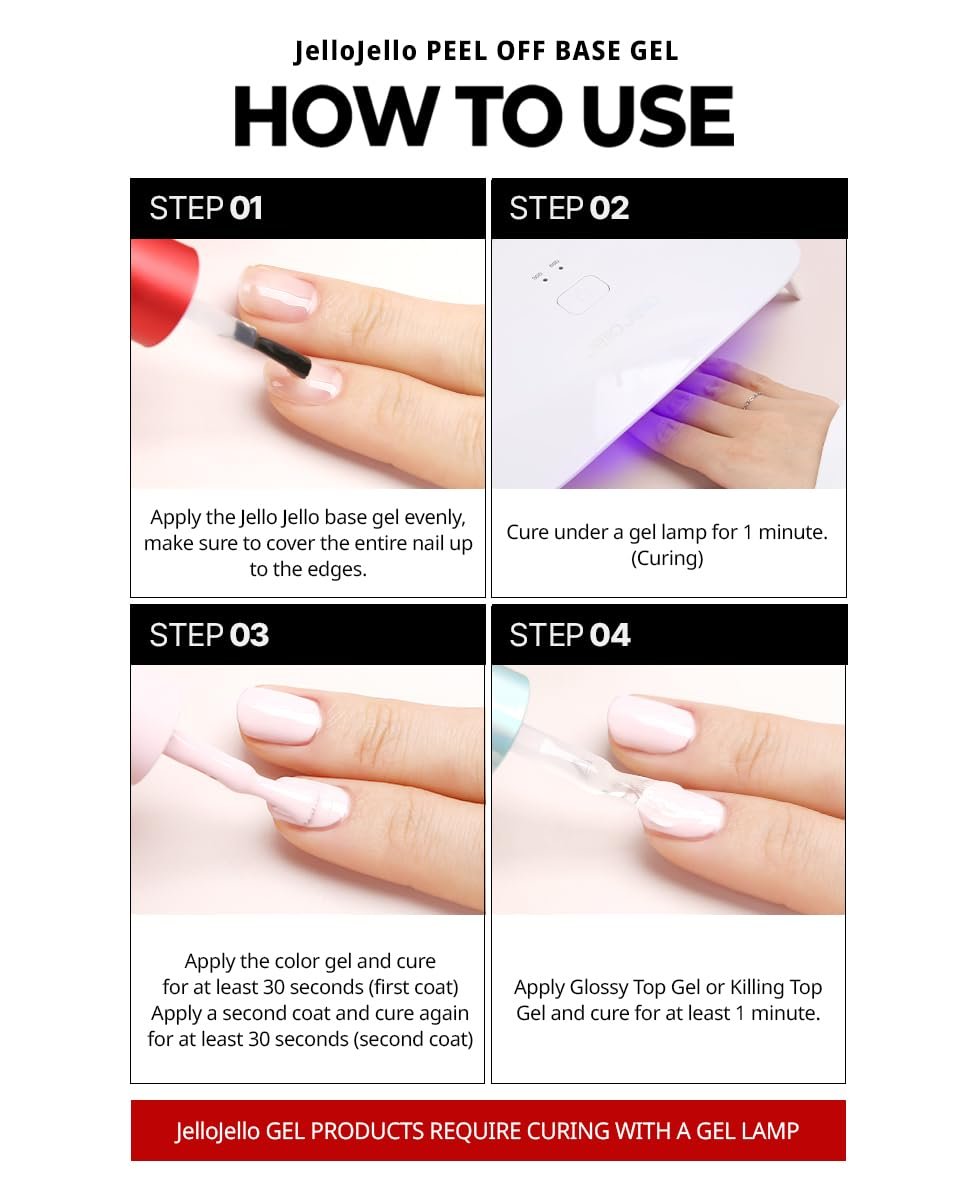 JelloJello Peel-Off Base Gel + One Kill Gel Remover Set – Easy Removal Peelable Nail Base for Self Nails, UV/LED Cure, 10ml + 30ml Avelisse