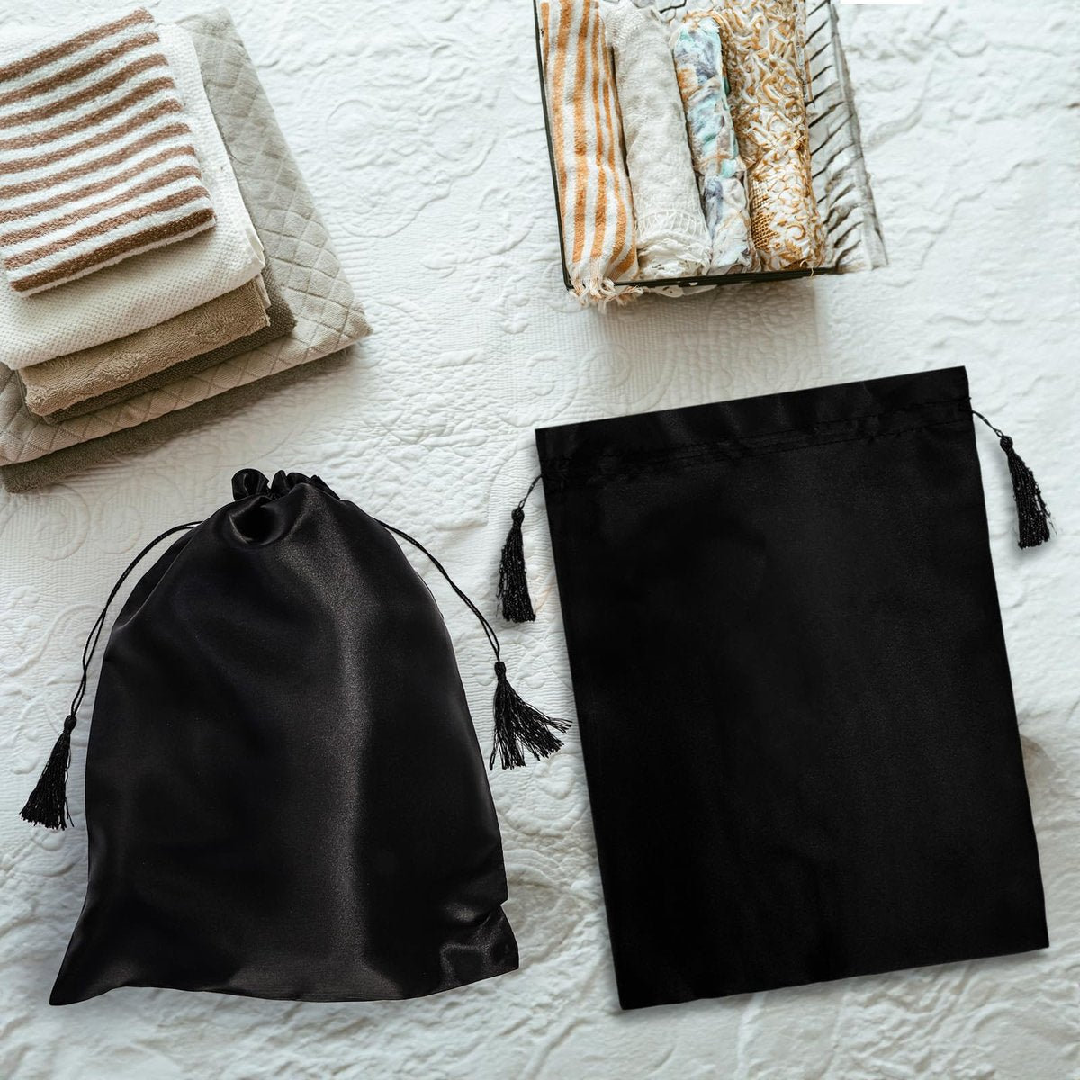 Youeon 16 Pcs Silk Satin Wig Bags 12"x16" - Black Drawstring Storage Sacks for Wigs, Hair Extensions, Travel & Salon Avelisse
