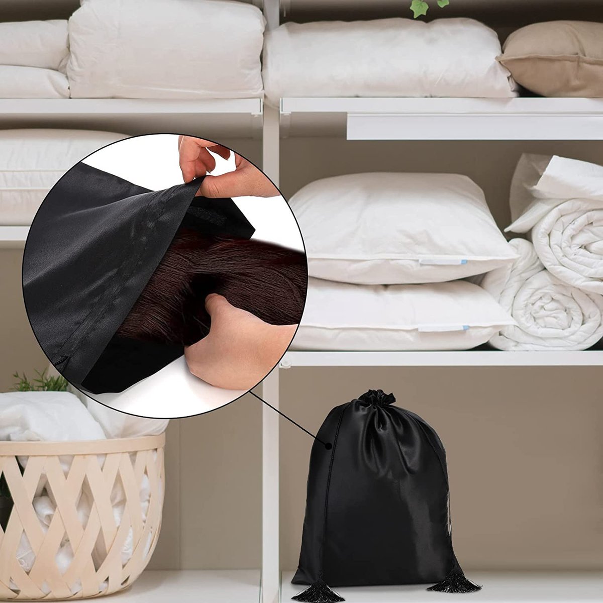 Youeon 16 Pcs Silk Satin Wig Bags 12"x16" - Black Drawstring Storage Sacks for Wigs, Hair Extensions, Travel & Salon Avelisse