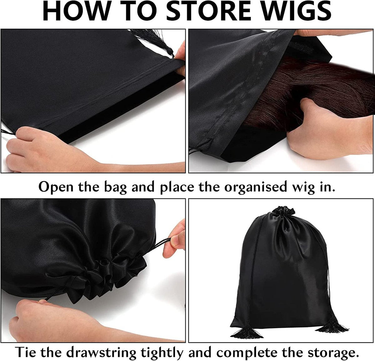 Youeon 16 Pcs Silk Satin Wig Bags 12"x16" - Black Drawstring Storage Sacks for Wigs, Hair Extensions, Travel & Salon Avelisse