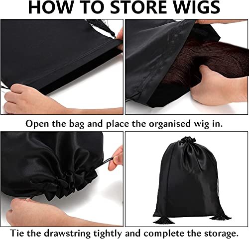 Youeon 16 Pcs Silk Satin Wig Bags 12"x16" - Black Drawstring Storage Sacks for Wigs, Hair Extensions, Travel & Salon Avelisse