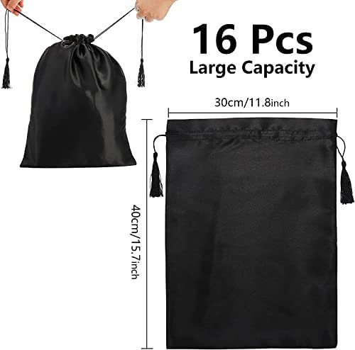 Youeon 16 Pcs Silk Satin Wig Bags 12"x16" - Black Drawstring Storage Sacks for Wigs, Hair Extensions, Travel & Salon Avelisse