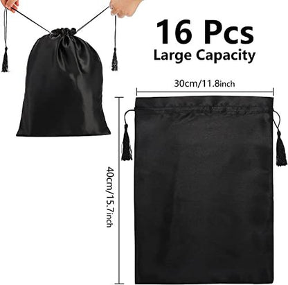 Youeon 16 Pcs Silk Satin Wig Bags 12"x16" - Black Drawstring Storage Sacks for Wigs, Hair Extensions, Travel & Salon Avelisse