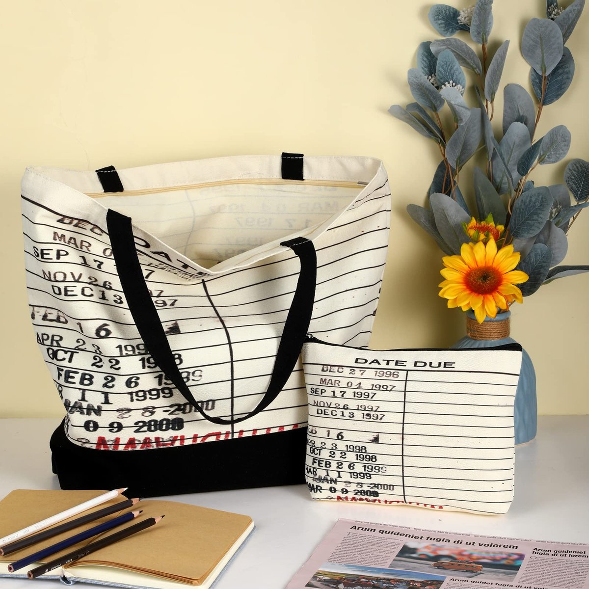 Sieral 2-Piece Librarian Gifts - Due Date Library Book Bag & Zipper Pouch Set for Women, Bookish Canvas Tote for Book Lovers, Readers Club, History Month Avelisse