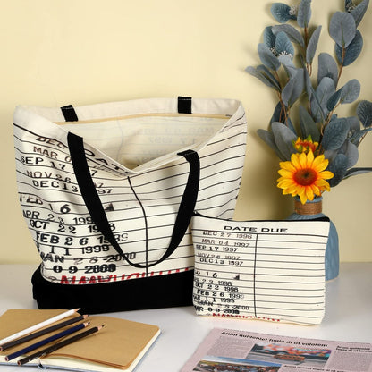 Sieral 2-Piece Librarian Gifts - Due Date Library Book Bag & Zipper Pouch Set for Women, Bookish Canvas Tote for Book Lovers, Readers Club, History Month Avelisse