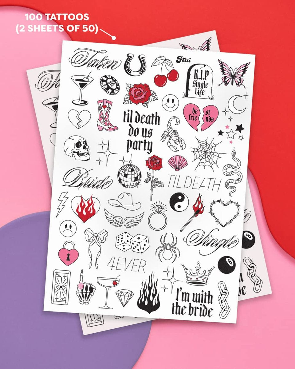 xo, Fetti Realistic Bachelorette Temporary Tattoos - 100 Foil Styles for Bachelorette Party, Bridesmaid Favors, Bride to Be Gift & Bridal Shower Supplies - görsel 3