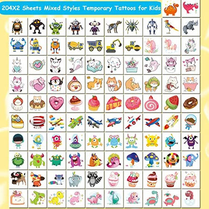 CHARLENT 408 PCS Individually Wrapped Temporary Tattoos for Kids - Mixed Designs for Birthday Party Favors, Goodie Bag Fillers