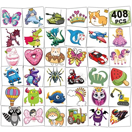 CHARLENT 408 PCS Individually Wrapped Temporary Tattoos for Kids - Mixed Designs for Birthday Party Favors, Goodie Bag Fillers - görsel 2