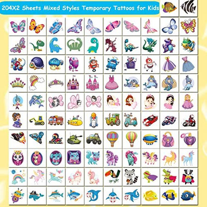 CHARLENT 408 PCS Individually Wrapped Temporary Tattoos for Kids - Mixed Designs for Birthday Party Favors, Goodie Bag Fillers