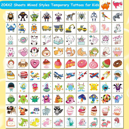 CHARLENT 408 PCS Individually Wrapped Temporary Tattoos for Kids - Mixed Designs for Birthday Party Favors, Goodie Bag Fillers