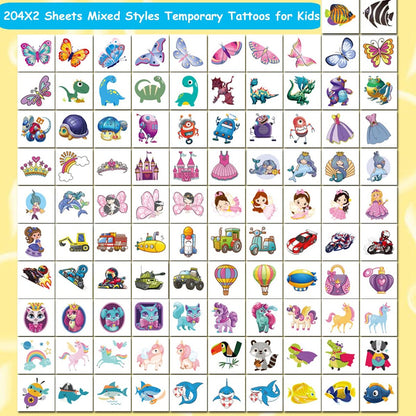 CHARLENT 408 PCS Individually Wrapped Temporary Tattoos for Kids - Mixed Designs for Birthday Party Favors, Goodie Bag Fillers