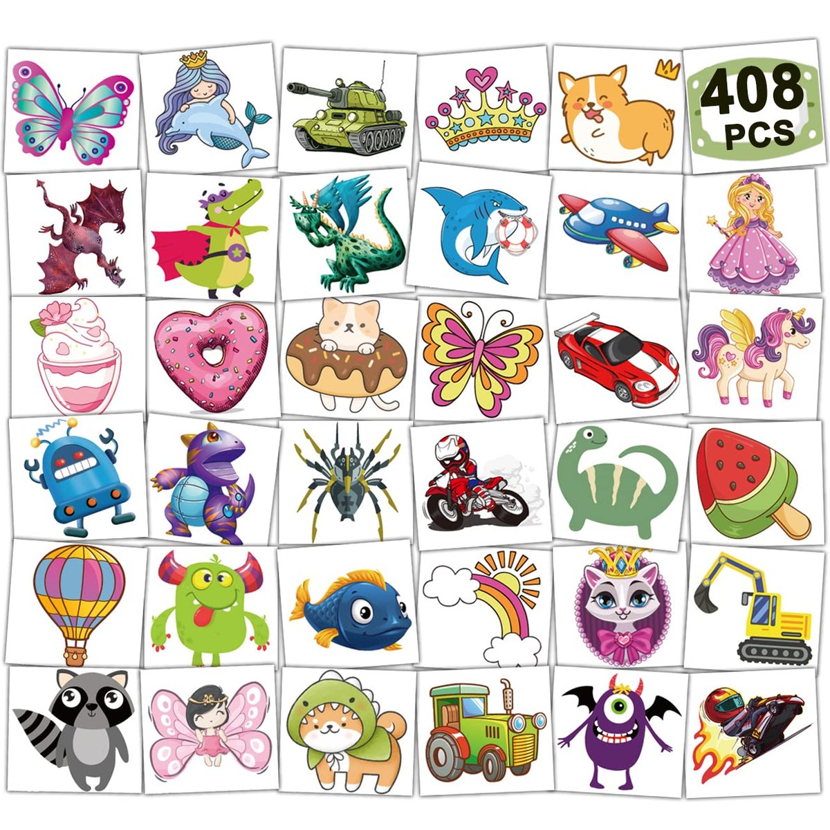 CHARLENT 408 PCS Individually Wrapped Temporary Tattoos for Kids - Mixed Designs for Birthday Party Favors, Goodie Bag Fillers - görsel 1