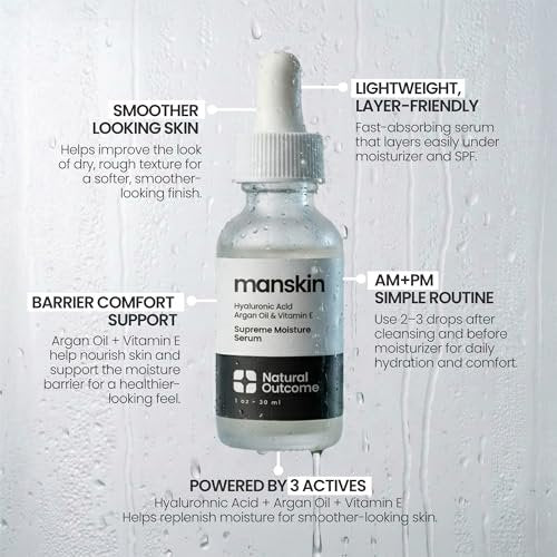 Natural Outcome Man Skin Supreme Moisture Serum for Men - Anti-Aging Day & Night Facial Serum with Hyaluronic Acid, Argan Oil & Vitamin E Avelisse