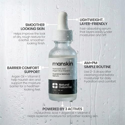 Natural Outcome Man Skin Supreme Moisture Serum for Men - Anti-Aging Day & Night Facial Serum with Hyaluronic Acid, Argan Oil & Vitamin E Avelisse