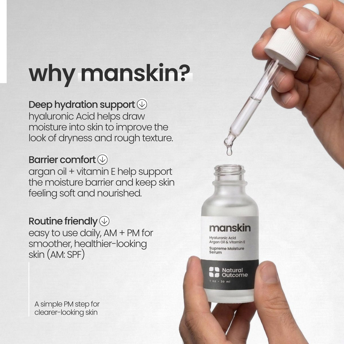Natural Outcome Man Skin Supreme Moisture Serum for Men - Anti-Aging Day & Night Facial Serum with Hyaluronic Acid, Argan Oil & Vitamin E Avelisse