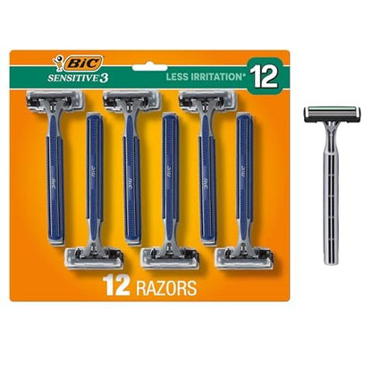 BIC Sensitive 3 Disposable Razors for Men with 3 Blades, Value Pack of 12 Avelisse