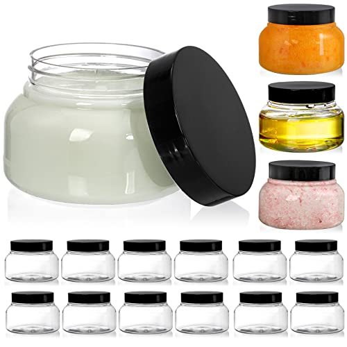 16 Pack 8 oz Plastic Jars with Lids - Clear Refillable Body Scrub Containers for Makeup, Body Butter, Creams, Slime, Travel Avelisse