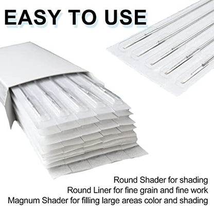 TONBAO 50pcs Mixed Stick and Poke Tattoo Needles - Assorted Liners, Shaders & Magnum (3RL-9RS, 5M1, 7M1) Disposable Stainless Steel