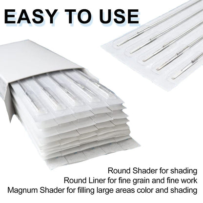 TONBAO 50pcs Mixed Stick and Poke Tattoo Needles - Assorted Liners, Shaders & Magnum (3RL-9RS, 5M1, 7M1) Disposable Stainless Steel