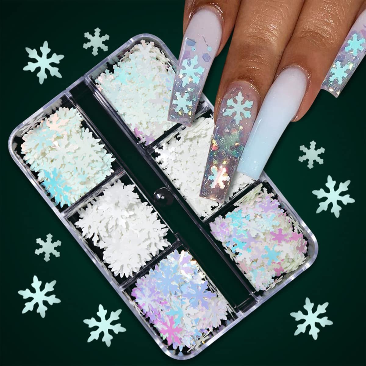 6 Grids White Snowflake Nail Art Glitter Sequins Charms - Holographic Snow Flakes for Winter Christmas Nail Decorations - görsel 1
