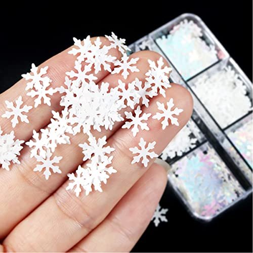 6 Grids White Snowflake Nail Art Glitter Sequins Charms - Holographic Snow Flakes for Winter Christmas Nail Decorations - görsel 4
