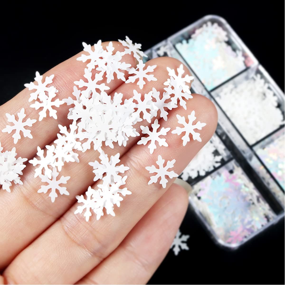 6 Grids White Snowflake Nail Art Glitter Sequins Charms - Holographic Snow Flakes for Winter Christmas Nail Decorations - görsel 3