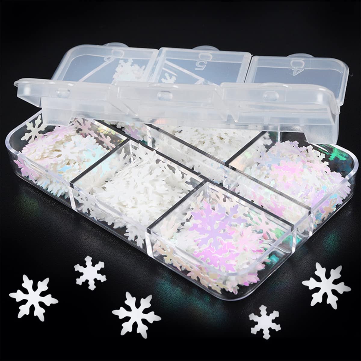 6 Grids White Snowflake Nail Art Glitter Sequins Charms - Holographic Snow Flakes for Winter Christmas Nail Decorations - görsel 9