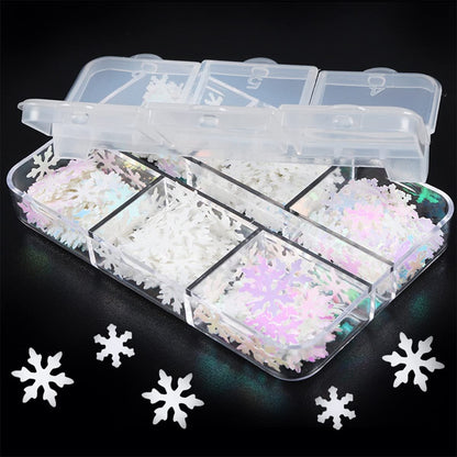 6 Grids White Snowflake Nail Art Glitter Sequins Charms - Holographic Snow Flakes for Winter Christmas Nail Decorations